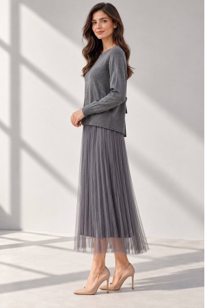 Dark Grey Embroidered Jumper and Tulle Midi Dress Set - AIMELIA DR4861