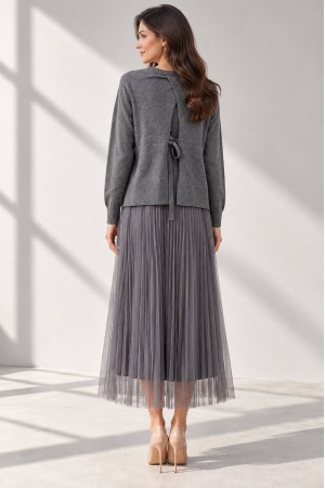 Dark Grey Embroidered Jumper and Tulle Midi Dress Set - AIMELIA DR4861