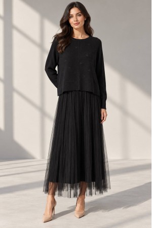 Black Embroidered Jumper and Tulle Midi Dress Set - AIMELIA DR4859
