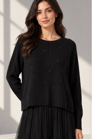 Black Embroidered Jumper and Tulle Midi Dress Set - AIMELIA DR4859