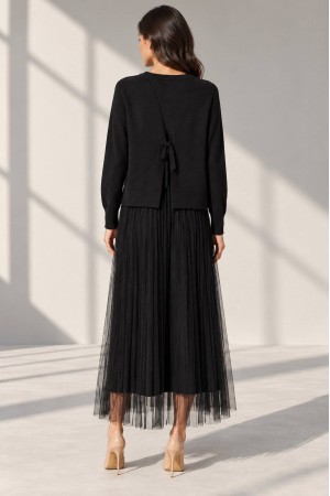 Black Embroidered Jumper and Tulle Midi Dress Set - AIMELIA DR4859