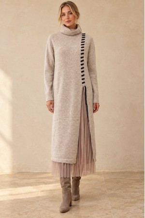 Beige High Neck Knit and Tulle Two-Piece Dress Set - AIMELIA DR4863
