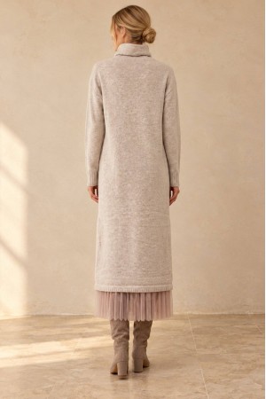 Beige High Neck Knit and Tulle Two-Piece Dress Set - AIMELIA DR4863