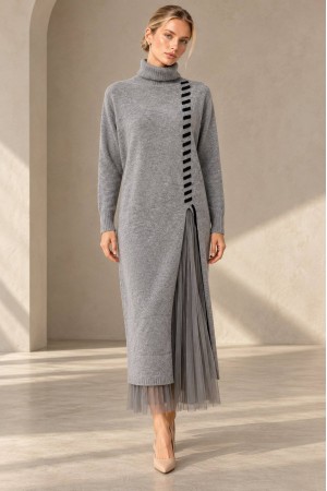 Light Grey High Neck Knit and Tulle Two-Piece Dress Set - AIMELIA DR4866 Light Grey High Neck Knit and Tulle Two-Piece Dress Set - AIMELIA DR4866