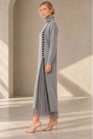 Light Grey High Neck Knit and Tulle Two-Piece Dress Set - AIMELIA DR4866 Light Grey High Neck Knit and Tulle Two-Piece Dress Set - AIMELIA DR4866