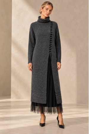 Dark Grey High Neck Knit and Tulle Two-Piece Dress Set - AIMELIA DR4864