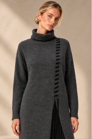 Dark Grey High Neck Knit and Tulle Two-Piece Dress Set - AIMELIA DR4864