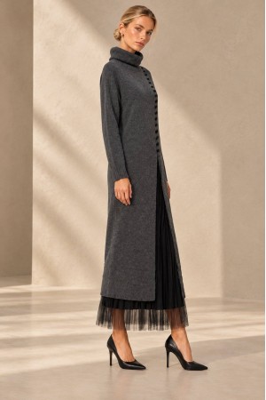 Dark Grey High Neck Knit and Tulle Two-Piece Dress Set - AIMELIA DR4864