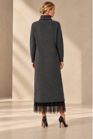Dark Grey High Neck Knit and Tulle Two-Piece Dress Set - AIMELIA DR4864