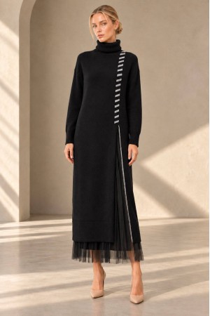 Black High Neck Knit and Tulle Two-Piece Dress Set - AIMELIA DR4865