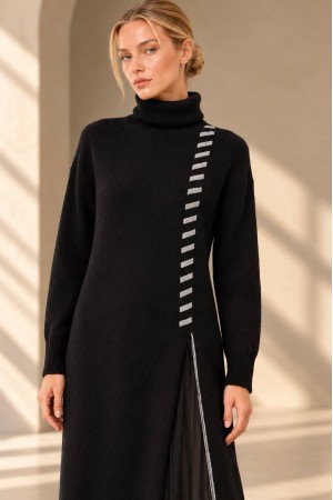 Black High Neck Knit and Tulle Two-Piece Dress Set - AIMELIA DR4865