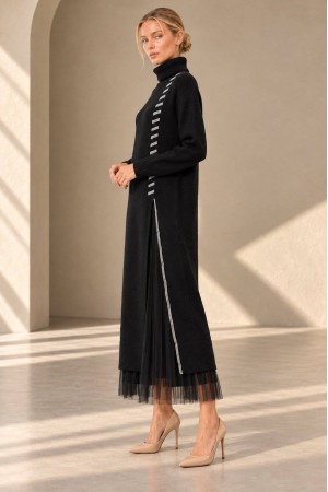Black High Neck Knit and Tulle Two-Piece Dress Set - AIMELIA DR4865
