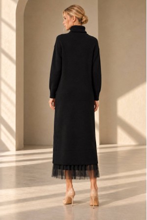 Black High Neck Knit and Tulle Two-Piece Dress Set - AIMELIA DR4865
