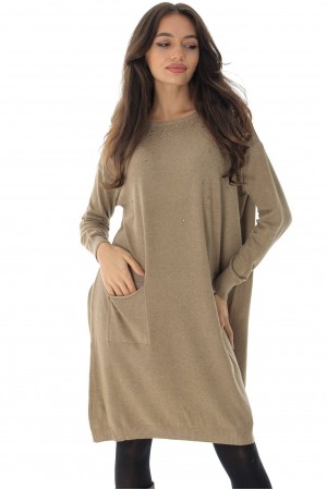 Stylish oversized knitted embellished dress , Beige  , Aimelia DR4632