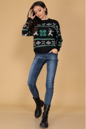 Thick wool mix jumper Aimelia BR2537 Black/Green with a seasonal motif