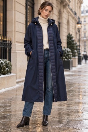 Navy Hooded Midi Trench Coat with Quilted Details - AIMELIA JR698 Navy Hooded Midi Trench Coat with Quilted Details - AIMELIA JR698