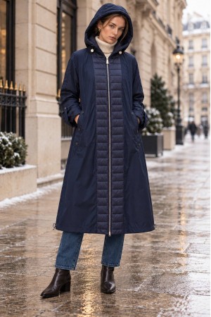 Navy Hooded Midi Trench Coat with Quilted Details - AIMELIA JR698 Navy Hooded Midi Trench Coat with Quilted Details - AIMELIA JR698