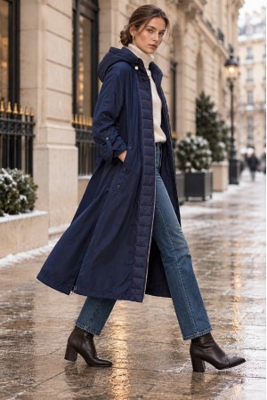 Navy Hooded Midi Trench Coat with Quilted Details - AIMELIA JR698 Navy Hooded Midi Trench Coat with Quilted Details - AIMELIA JR698