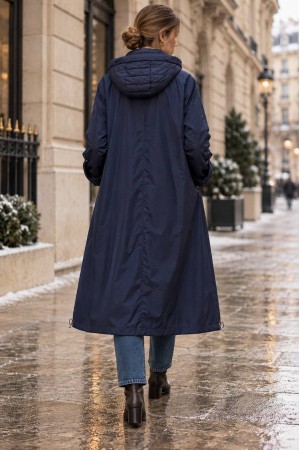Navy Hooded Midi Trench Coat with Quilted Details - AIMELIA JR698 Navy Hooded Midi Trench Coat with Quilted Details - AIMELIA JR698