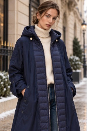 Navy Hooded Midi Trench Coat with Quilted Details - AIMELIA JR698 Navy Hooded Midi Trench Coat with Quilted Details - AIMELIA JR698