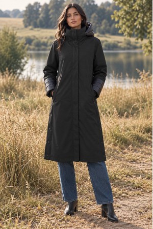 Black High Neck Midi Trench Coat with Detachable Hood - AIMELIA JR699