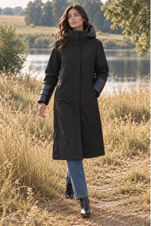 Black High Neck Midi Trench Coat with Detachable Hood - AIMELIA JR699