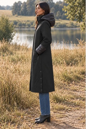 Black High Neck Midi Trench Coat with Detachable Hood - AIMELIA JR699
