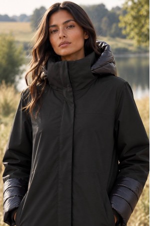 Black High Neck Midi Trench Coat with Detachable Hood - AIMELIA JR699