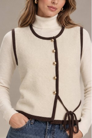 Cream Knitted Waistcoat with Gold-Tone Buttons - AIMELIA BR3023