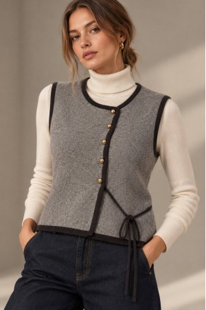 Grey Knitted Waistcoat with Gold-Tone Buttons - AIMELIA BR3024