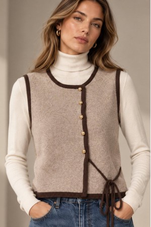 Beige Knitted Waistcoat with Gold-Tone Buttons - AIMELIA BR3022 Beige Knitted Waistcoat with Gold-Tone Buttons - AIMELIA BR3022