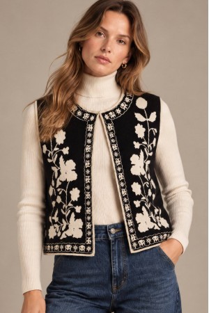 Black Floral Knitted Sleeveless Waistcoat - AIMELIA BR3018