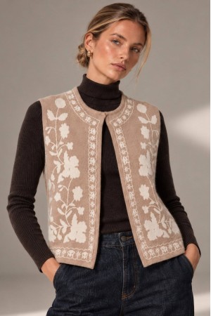 Beige Floral Knitted Sleeveless Waistcoat - AIMELIA BR3019
