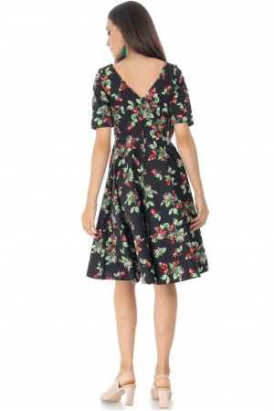 Vintage style midi dress Aimelia Dr4452 in Black with a vibrant cherry print.