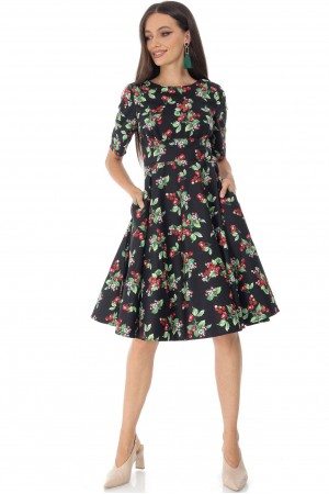 Vintage style midi dress Aimelia Dr4452 in Black with a vibrant cherry print.